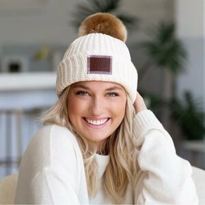 Love Your Melon Cozy Cream Knit Beanie with Brown detachable pom pom